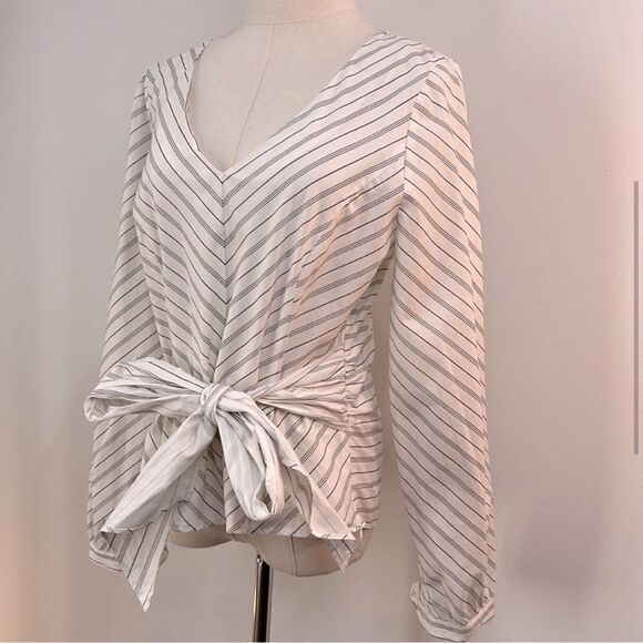 JANE & DELANCEY ANTHROPOLOGIE | V Neck Stripe Balloon Puff Sleeve Top Blouse | M - Picture 2 of 10